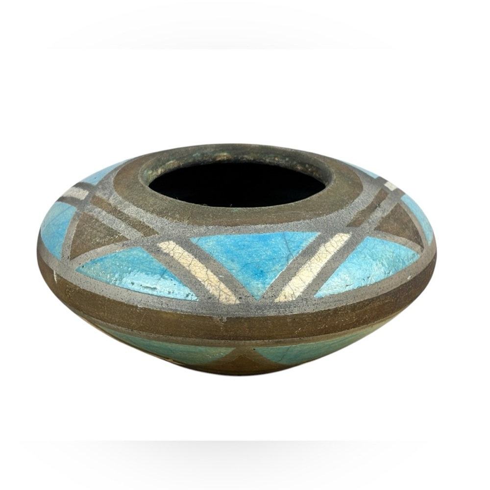 Vintage Signed Teal & Gray Studio Pottery Round Vase - EUC 8” wide x 4” Tall